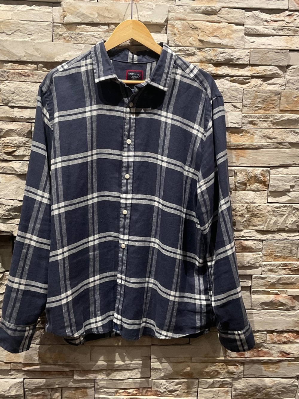 Untuckit  Men’s Linen Plaid Button Down Shirt, Color Blue, Size XL